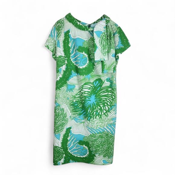 Vtg 60s Landmark Midi Shift Dress Mod Med/Lrg Scarf Neck Green Blue Botanical